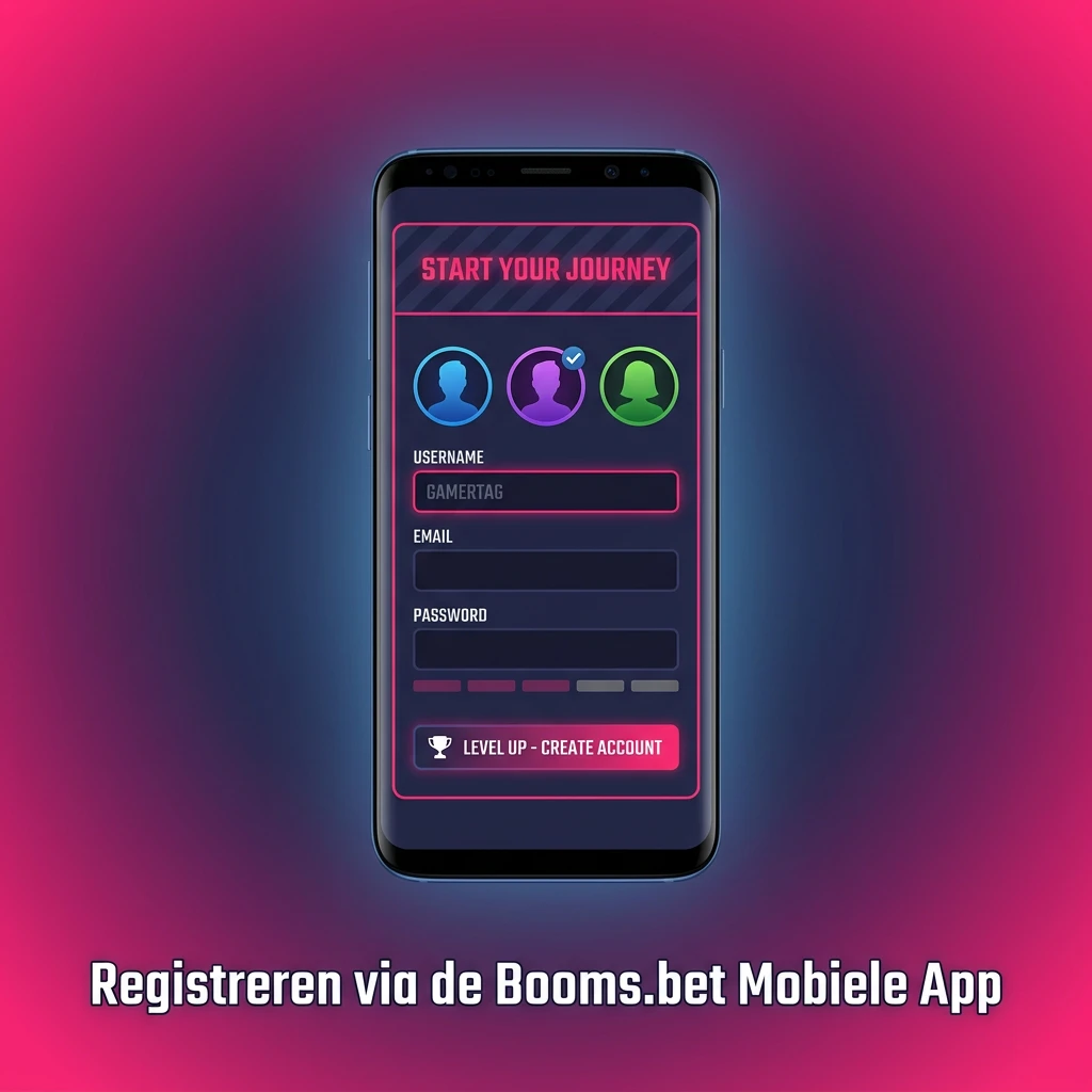 Booms.bet mobiele app registratieproces op smartphone, met stappen voor downloaden, installeren en aanmelden.